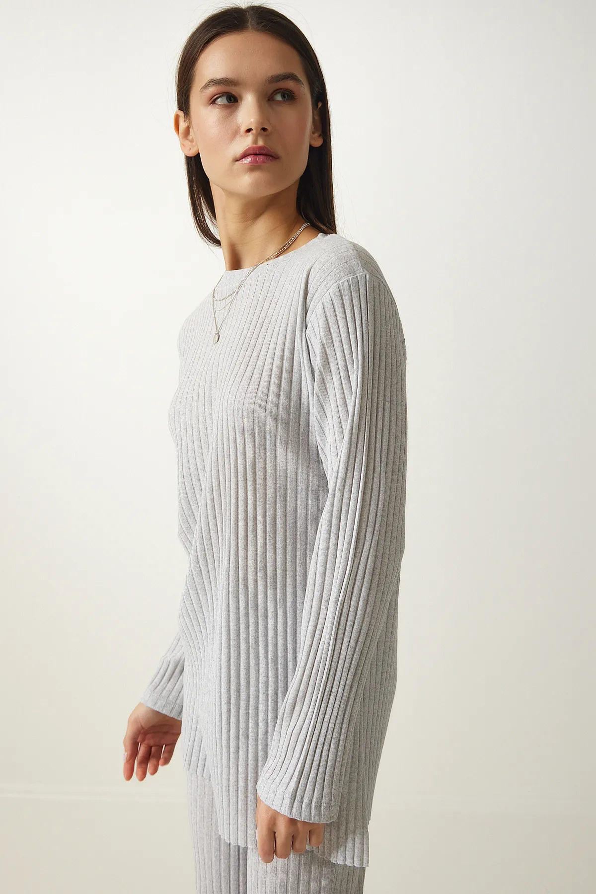 Happiness İstanbul  Graues Cord-Strickblusen- und Hosen-Set für Damen OW00008