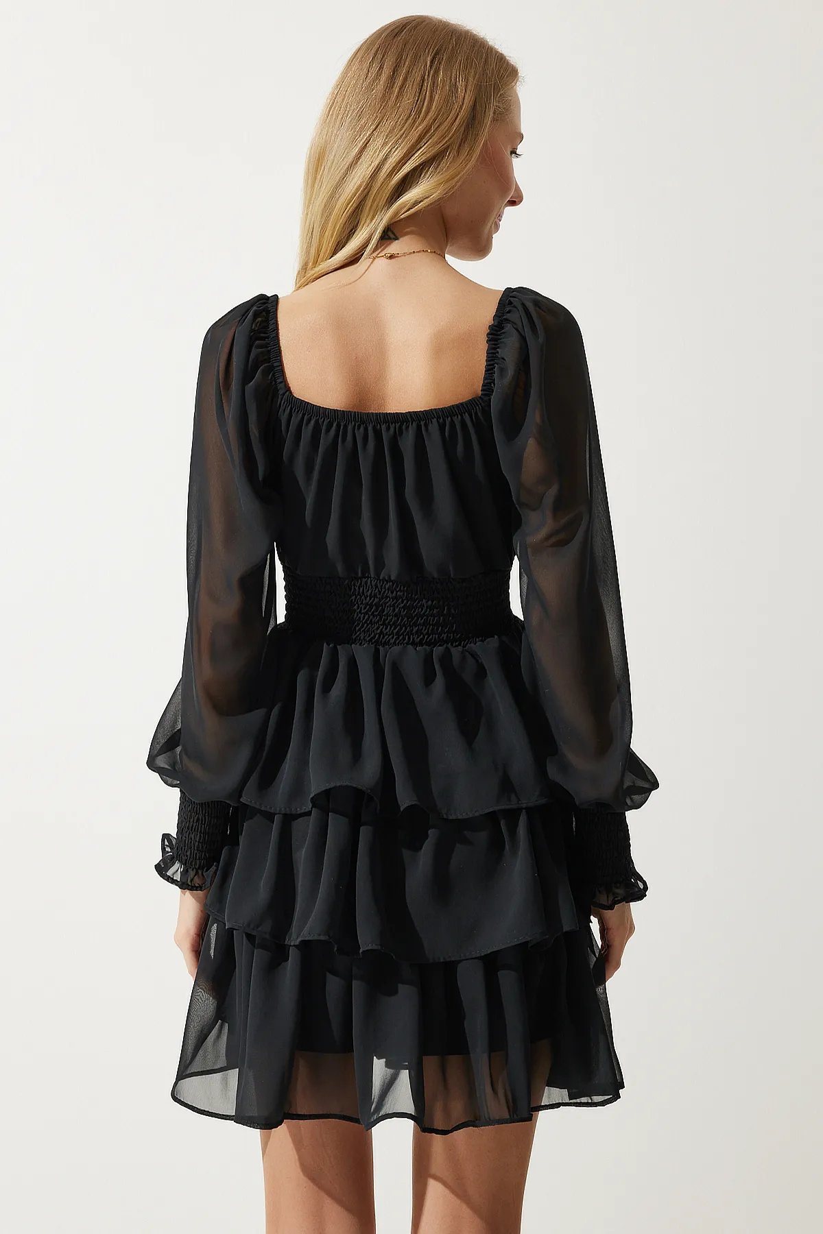 Happiness İstanbul  Schwarzes Volant-Chiffonkleid für Damen DK00168