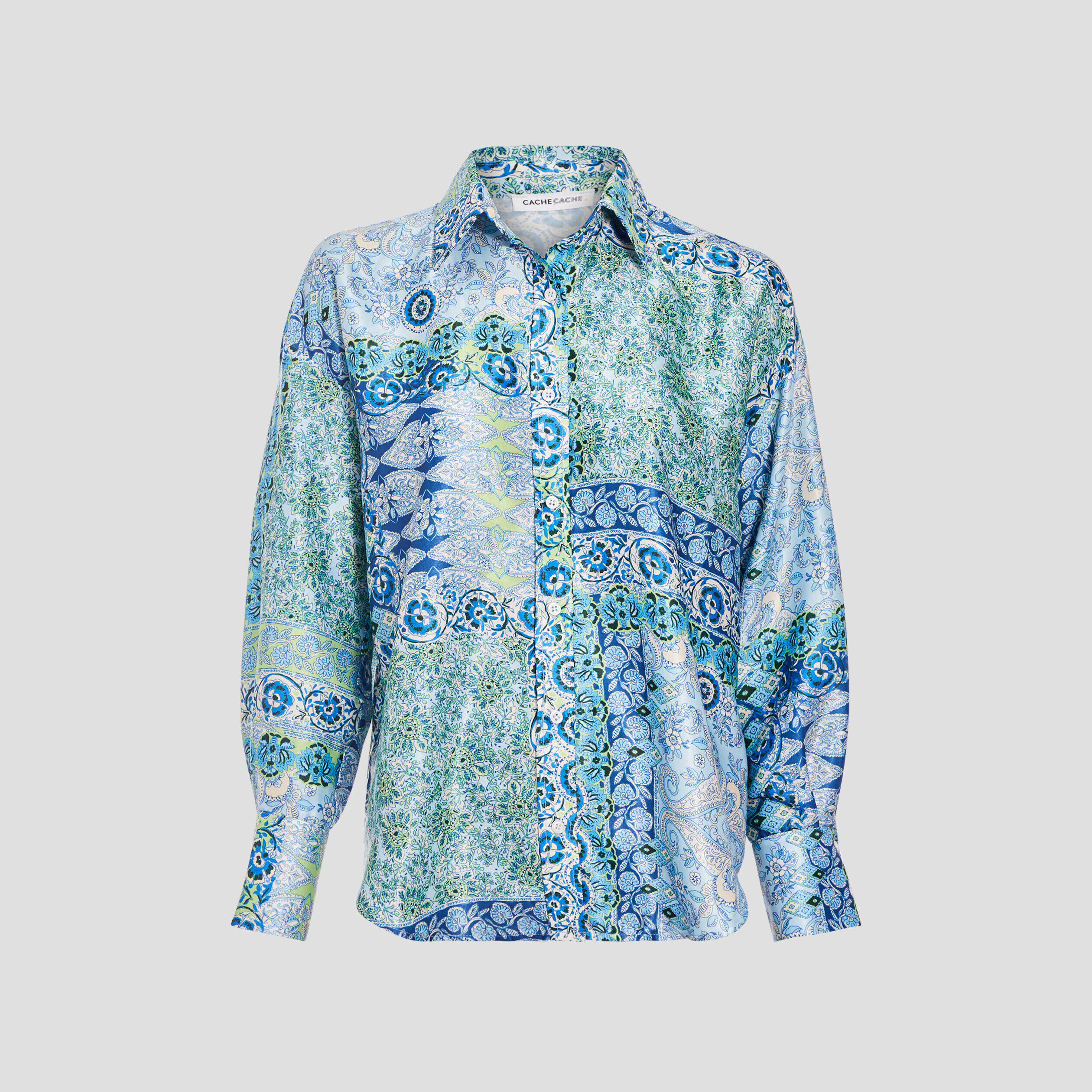 Chemise manches longues satin bleu femme | Cache Cache