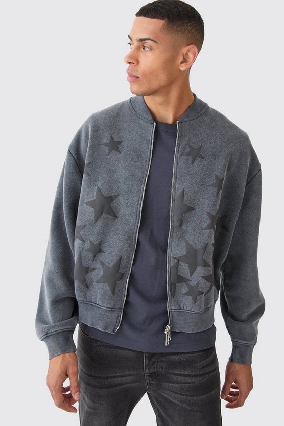 Kastige Oversize Jersey-Bomberjacke mit Acid-Waschung und Sternen-Applikation