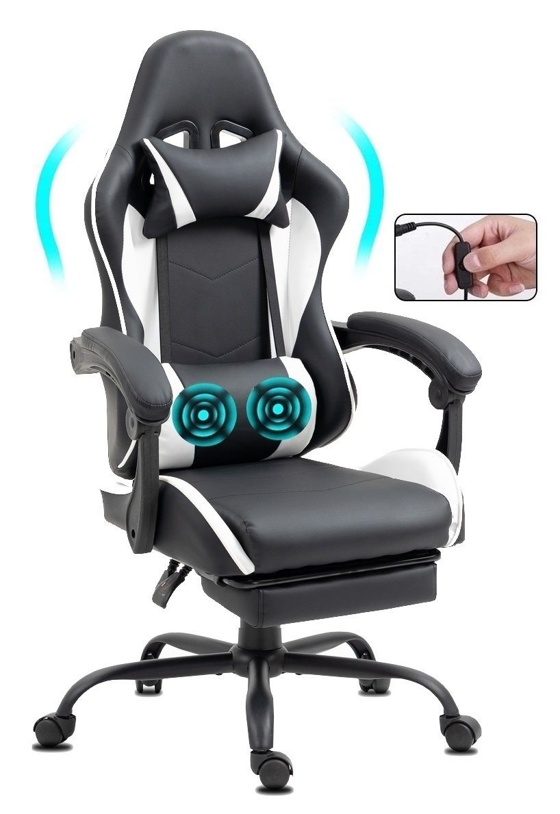 Delman Gaming-Stuhl Bürostuhl Chefsessel Massagefunktion Drehstuhl, dicke Polsterung, Metallfußkreuz, Fußstütze RS42