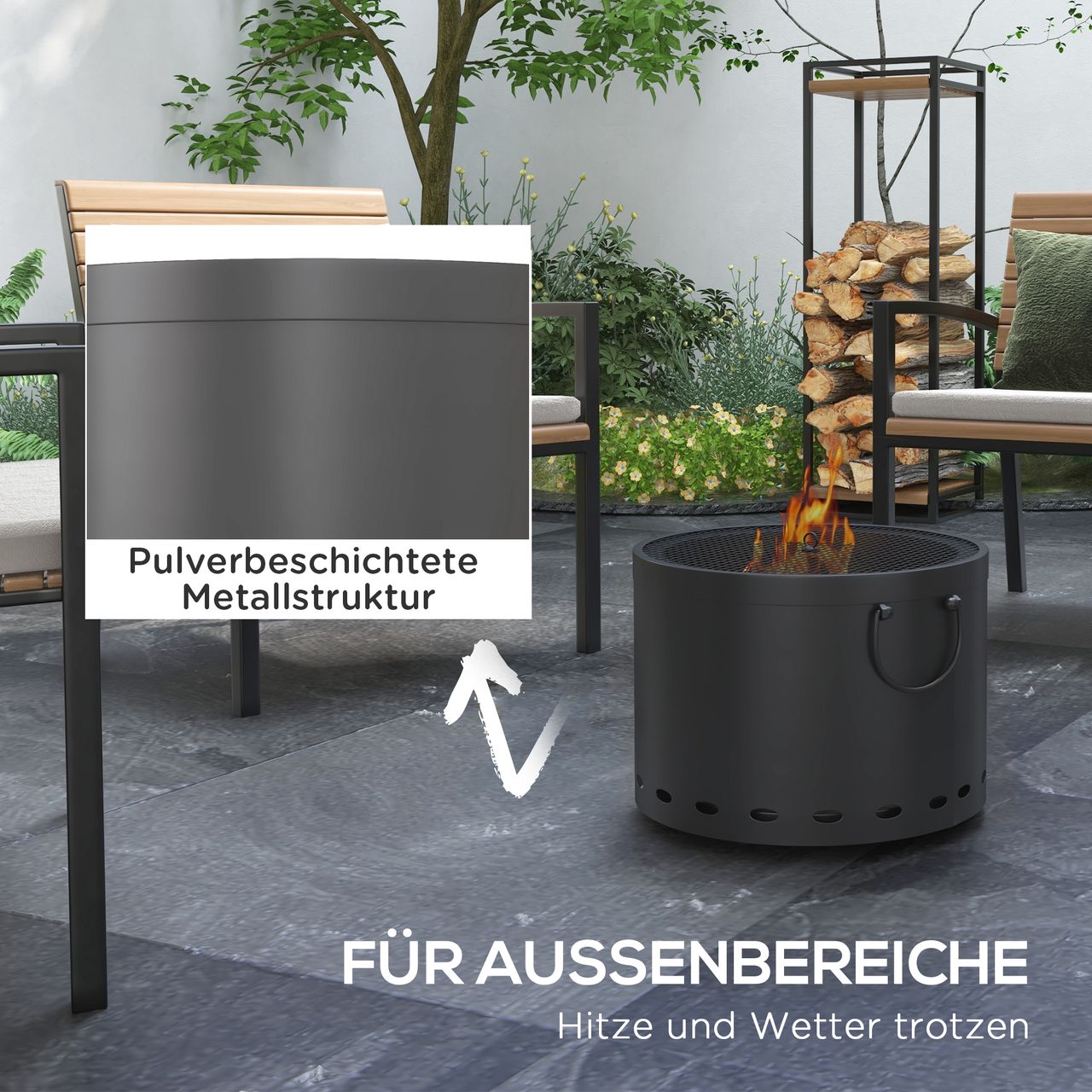 Outsunny Feuerstelle Ø38cm Rauchfrei Holzfeuerschale mit Schürhaken Funkenschutz