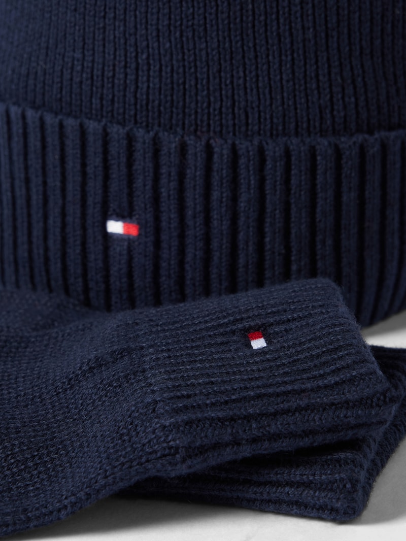 Beanie und Handschuhe im Set mit Kaschmir-Anteil in dunkelblau