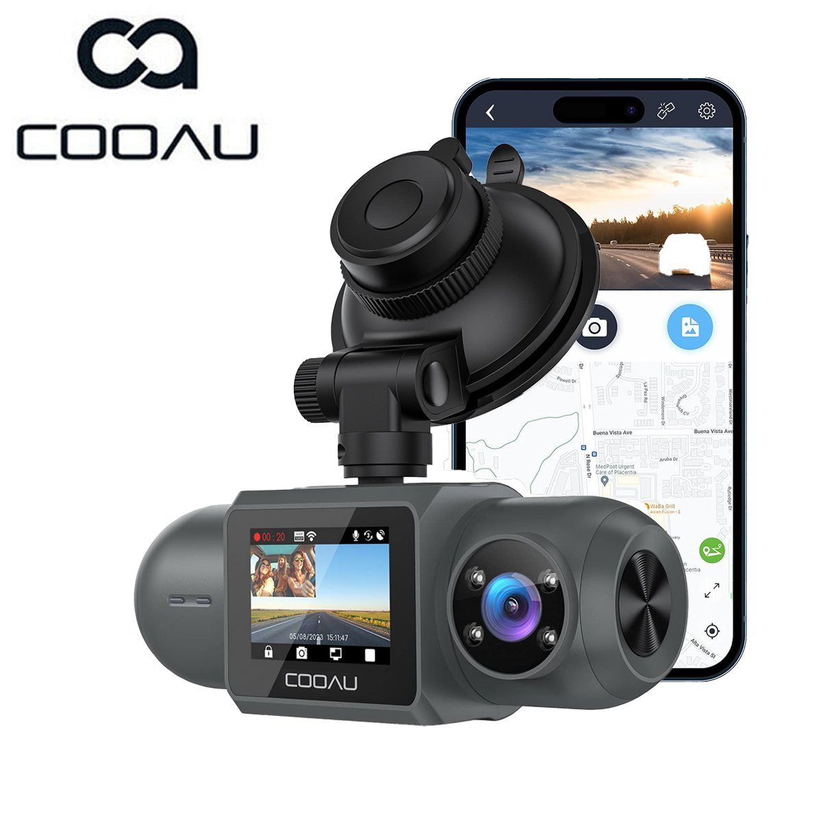 COOAU Dual Dashcam FHD Frontkamera+Heckkamera mit WiFi GPS Track Dashcam (FHD, 150°Weitwinkel Dash Cam,Volles 6G + 1iR-Objektiv,Überlegene Nachtsicht, Mit Sony-Sensor,Nachtsicht,Parkmonitor und Bewegungserkennung)