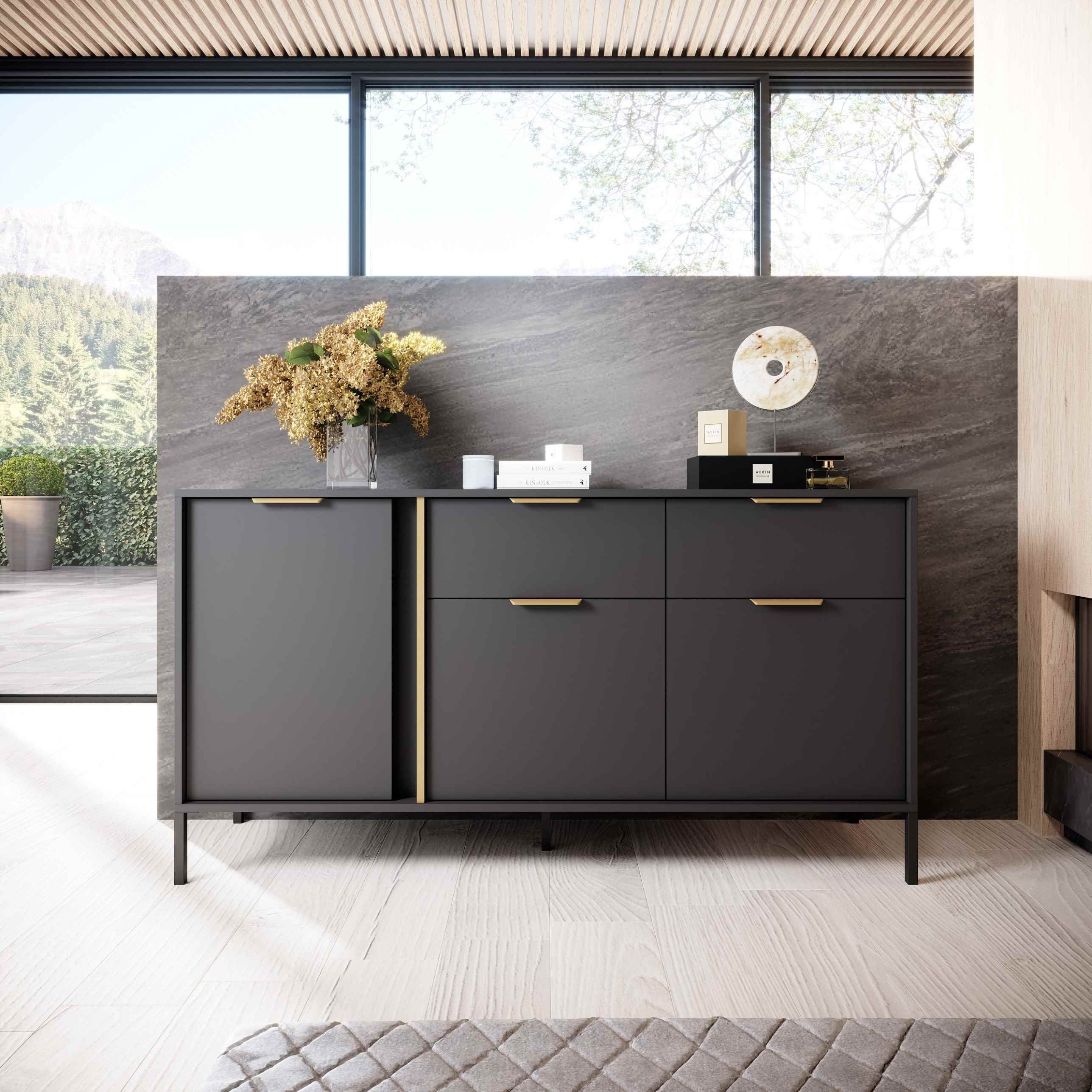 Furnix Highboard LARSONS 153 3D2S B Wohnzimmerkommode Flügeltüren Gestell Anthrazit, B153,1 x H81,4 x T39,5 cm, Metallfüße