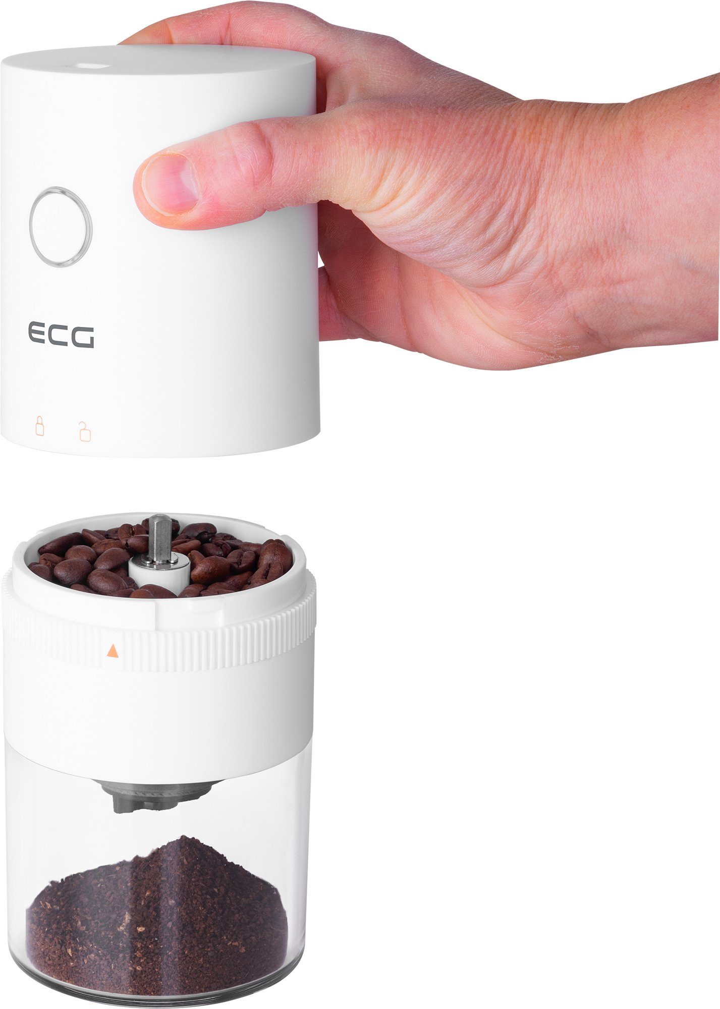 ECG Kaffeemühle KM 150 Minimo white, 120 W, Konische keramische Mahlsteine, 30,00 g Bohnenbehälter, Einstellung des Mahlgrades, Sehr niedriger Geräuschpegel der Mühle