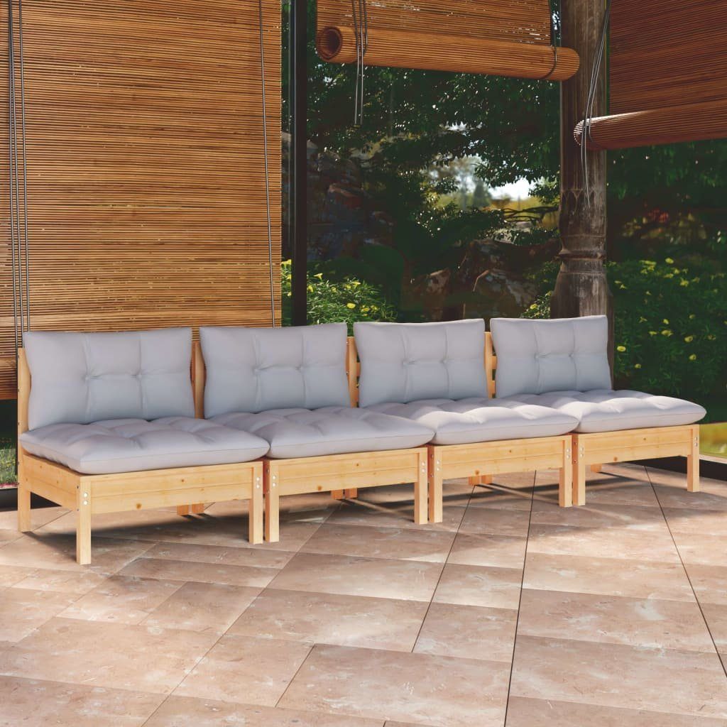 vidaXL Loungesofa 4-Sitzer-Gartensofa mit Grauen Kissen Massivholz Kiefer, 1 Teile