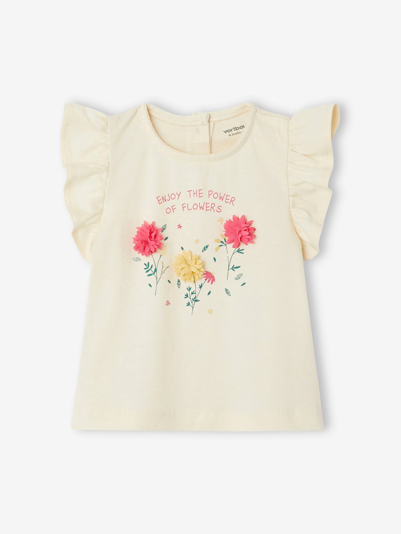 Vertbaudet Mädchen Baby T-Shirt, 3D-Blumen Oeko-Tex - wollweiß