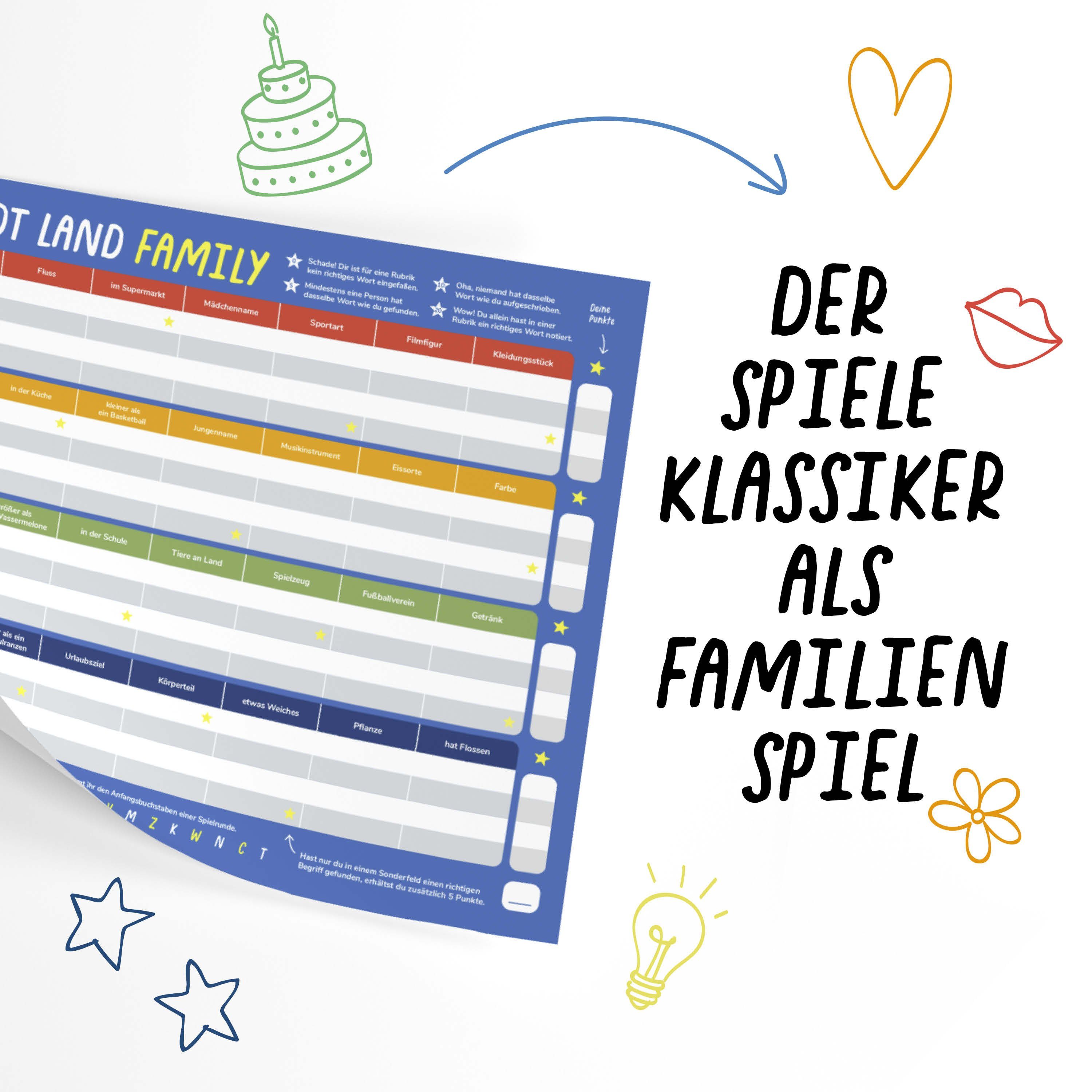 Pihu Spiel, Familienspiel STADT LAND FAMILY, Denkspiel für Familien, Klimaneutral gedruckt, 100% Recyclingpapier