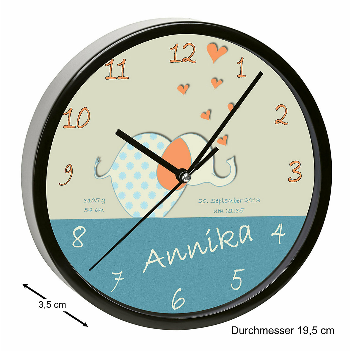 Kinder Wanduhr personalisiert mit Name Elefant orange blau
