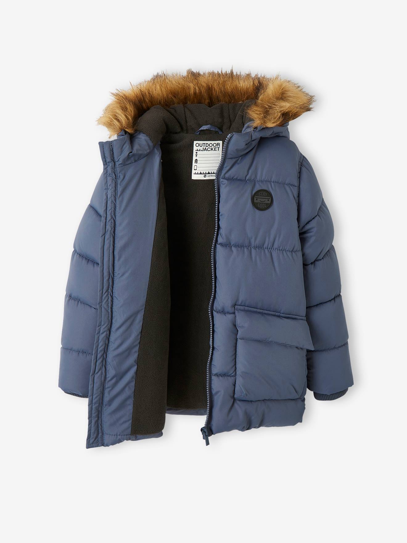 Doudoune à capuche doublée polaire avec gants ou moufles garçon bleu