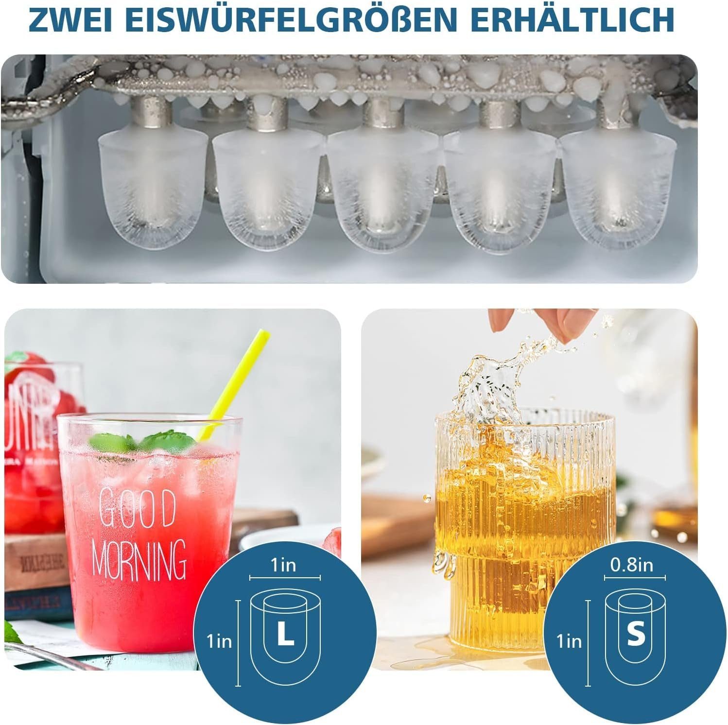 KOMFOTTEU Eiswürfelmaschine, mit LCD-Display, 2,1 Liter Wassertank, 12 kg in 24 Std