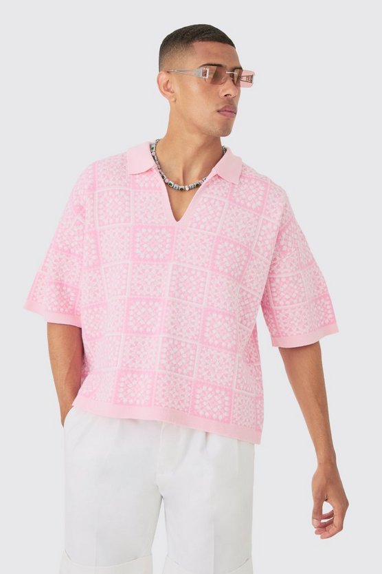 Kastiges gehäkeltes Oversize Poloshirt