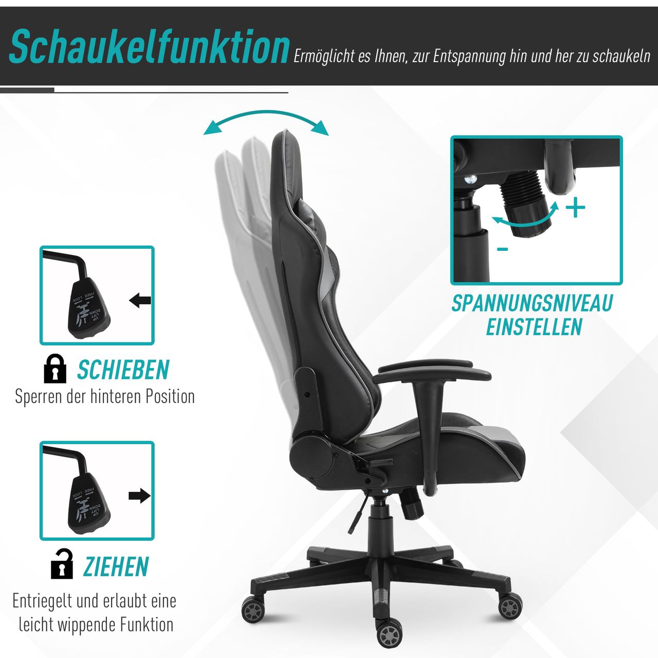 Vinsetto Ergonomischer Bürostuhl Gaming Stuhl Kunstleder Schaumstoff Schwarz
