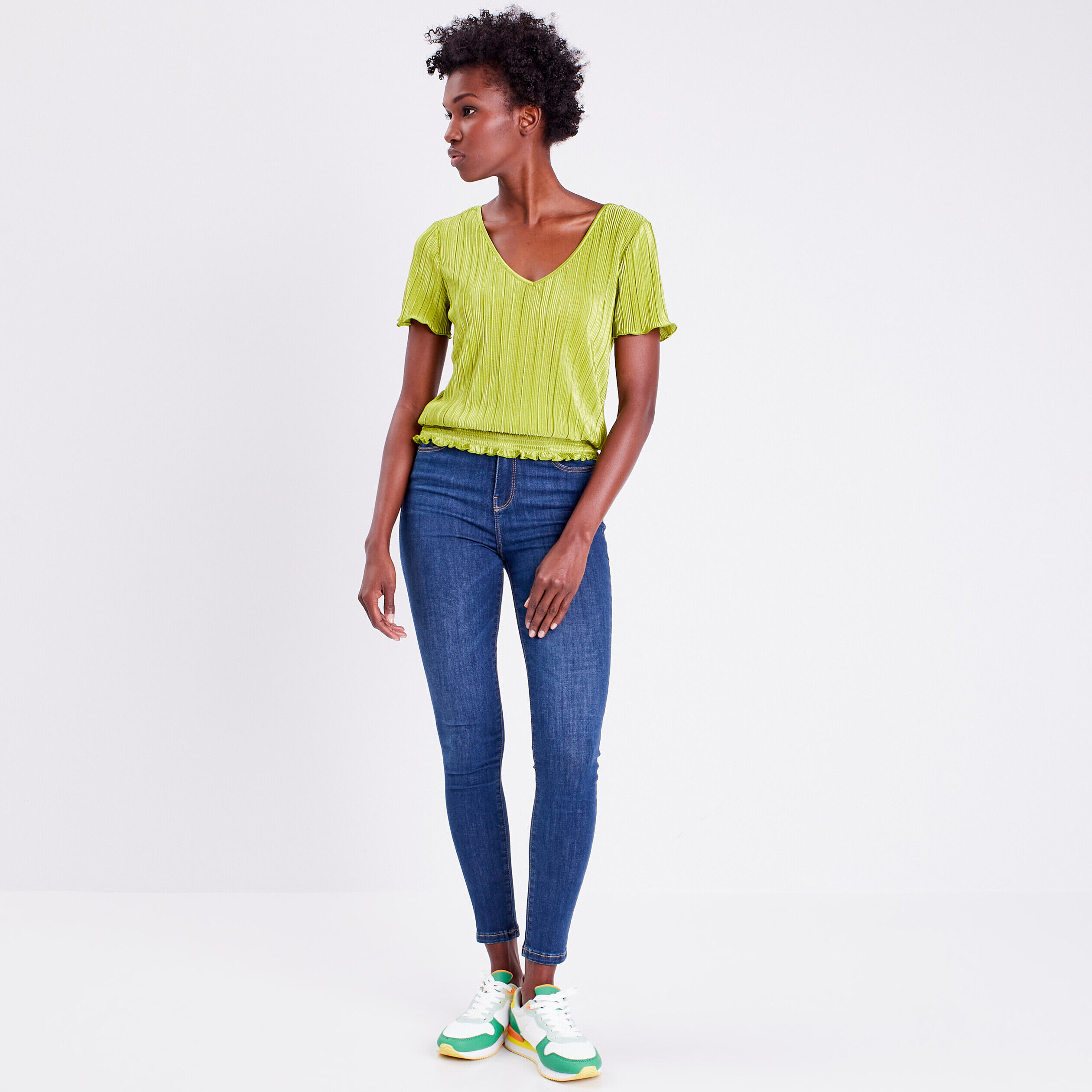 T-shirt manches courtes plissé vert anis femme | Cache Cache