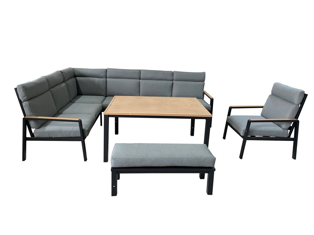 Happy Home 6 tlg. Eck-Lounge Set HGS55-GRA mit hoher Rückenlehne, Sitzkissen, grau & Holzoptik
