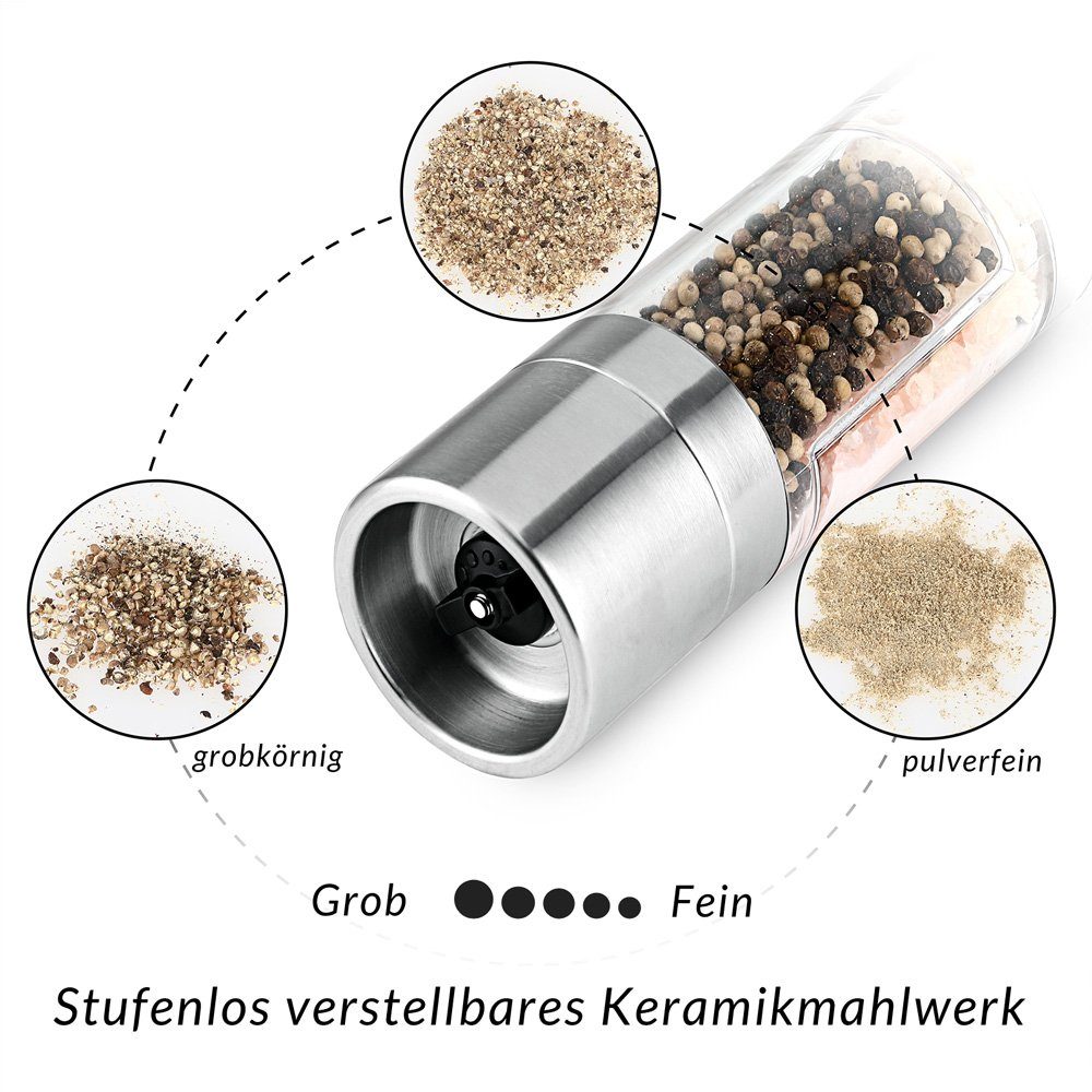 monzana Gewürzmühle, Salz und Pfeffermühle 2er Set Verstellbarem Keramikmahlwerk 2in1 Manuell Edelstahl Küche Gewürzmühle Chili Mühle