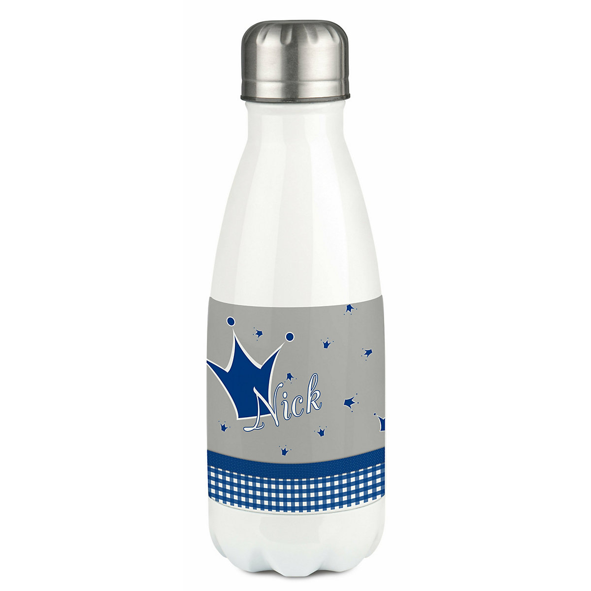 Edelstahl Kinder Thermoflasche / Trinkflasche bunt Krone Farbe blau grau Spülmaschinenfest, Auslaufsicher, Bruchfest, Doppelwandig, Für Heißgetränke geeignet, Mit Deckel, Isoliert