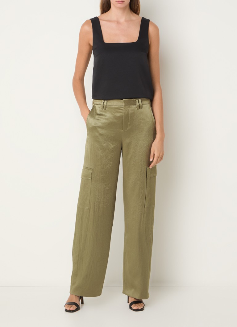 Pantaloni cargo DRYKORN din satin elastic, cu talie înaltă, talie lată pe picioare și buzunare laterale.