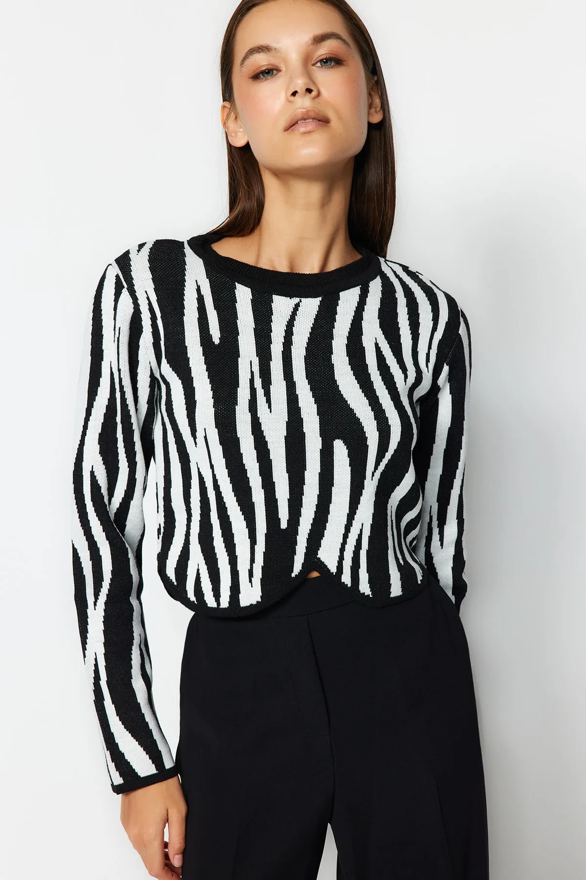 Trendyol Collection  Schwarzer kurzer Strickpullover mit Rundhalsausschnitt und Farbblockdesign TWOAW24KZ00694