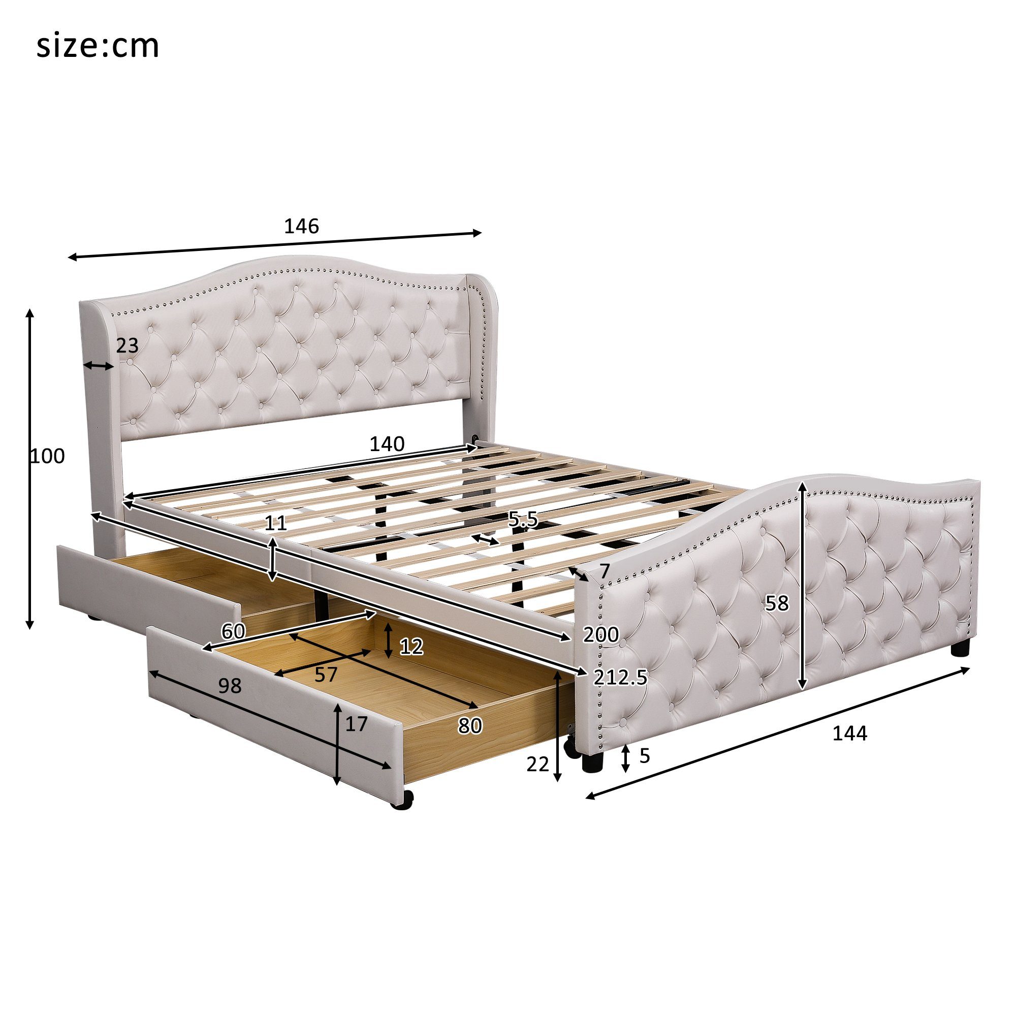 OKWISH Polsterbett Doppelbett Stauraumbett (mit Lattenrost und Kopfteil,Doppelbett, Stauraumbett mit 2 Schubkästen, 140X200 cm ohne Matratze), mit hohes Kopfteil & Bettkasten, Holzlattenunterstützung, PU, weiß