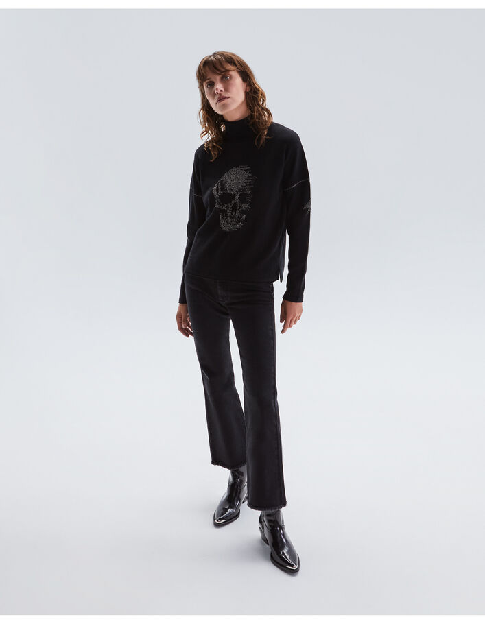 Pull noir col roulé tricot visuel tête de mort Femme