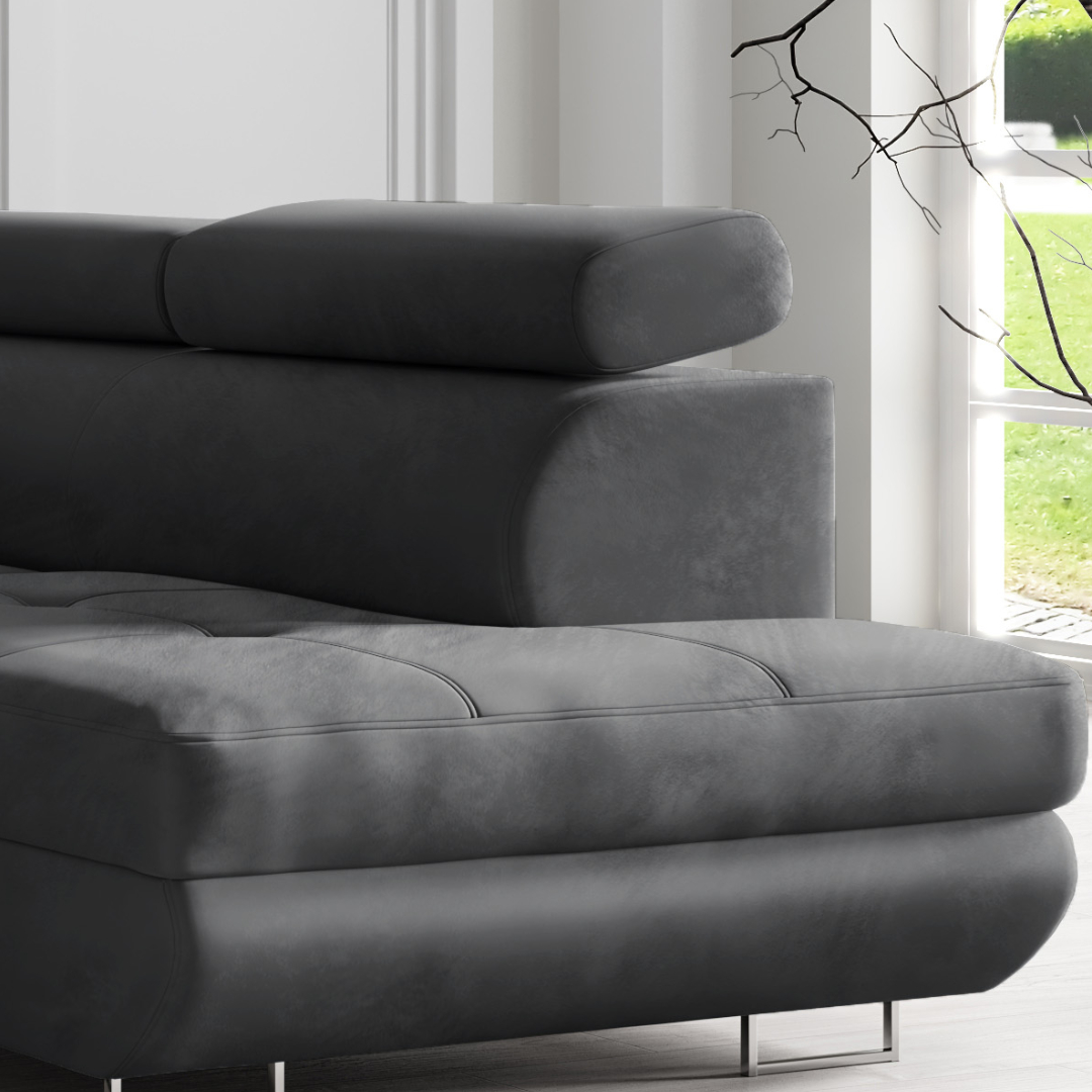 Möbel Punkt Wohnlandschaft Ecksofa Monaco Samt Grau mit Bett Bettkasten Kopfteilverstellung Bett Sofa Schlafsofa Ottomane rechts
