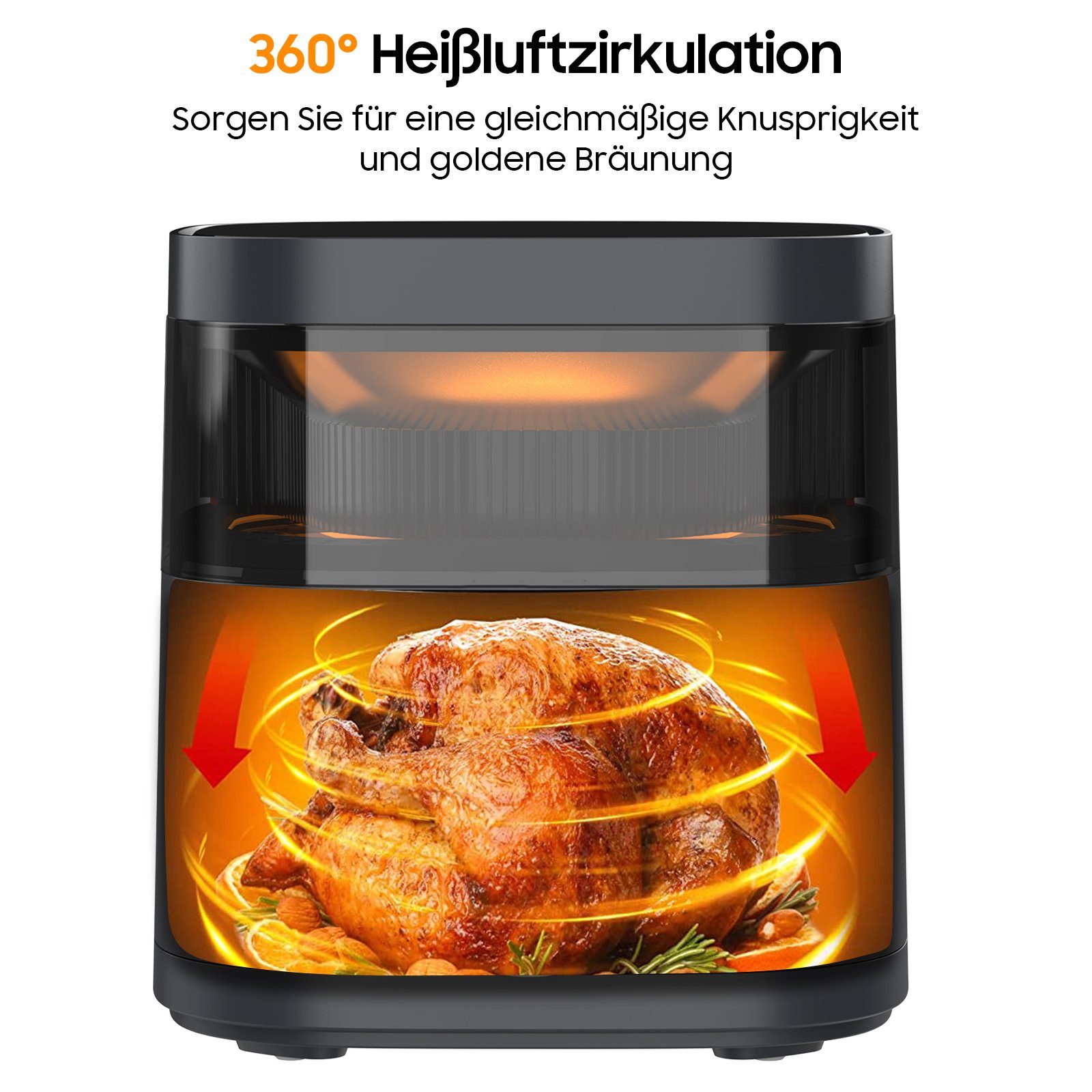 iceagle Heißluftfritteuse AirFryer KDF-615A 6.7L Heißluftfritteuse Luftfritteuse, 1700,00 W, Sichtbares Sichtfenster, 8 Voreingestellte Funktionen, Digitalem LED-Touchscreen, Einstellbare Temperaturregelung, Grau