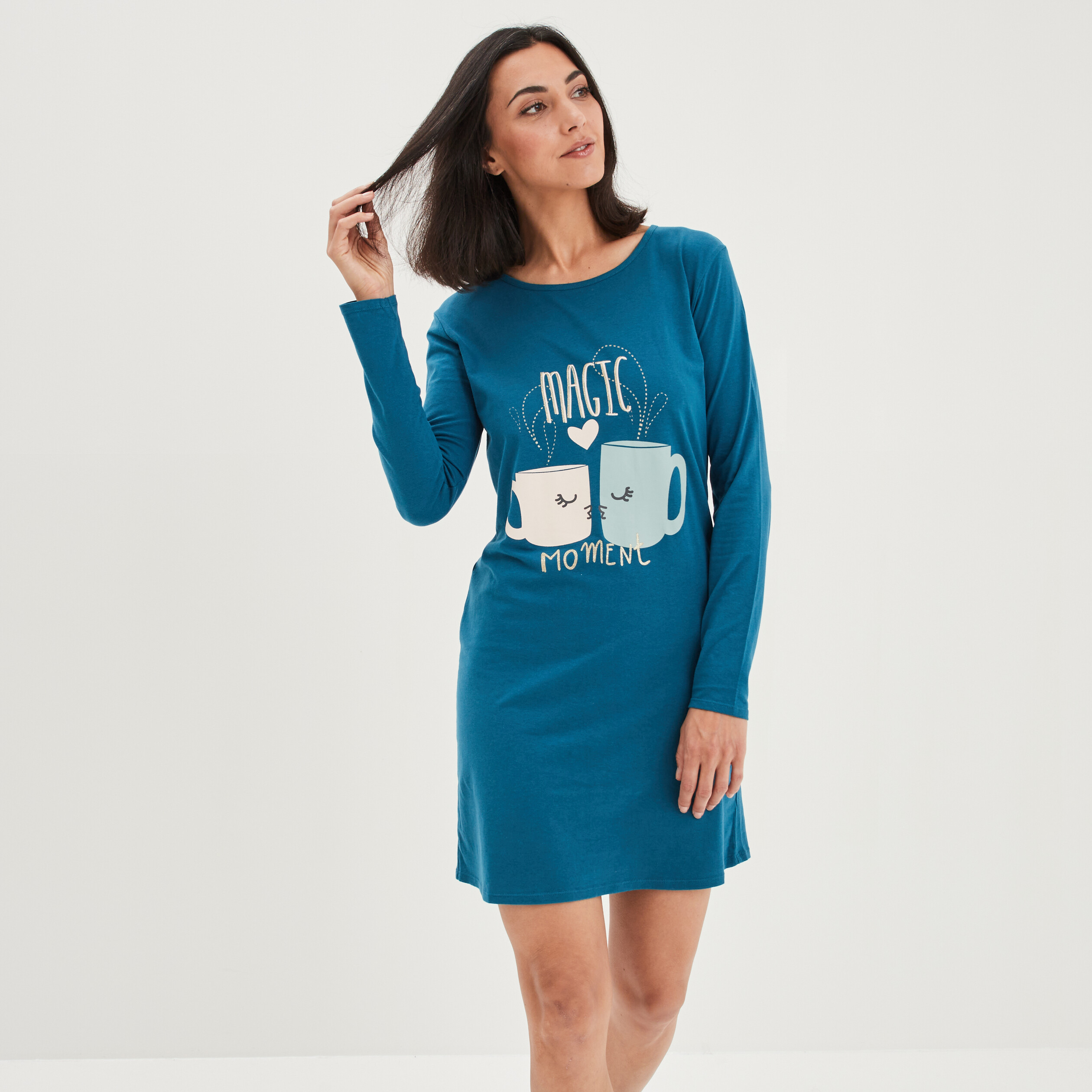 Chemise de nuit t-shirt manches longues bleu canard femme | La Halle
