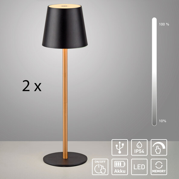 LED-Akku-Tischleuchte Buria, 2er Set, schwarz-messing