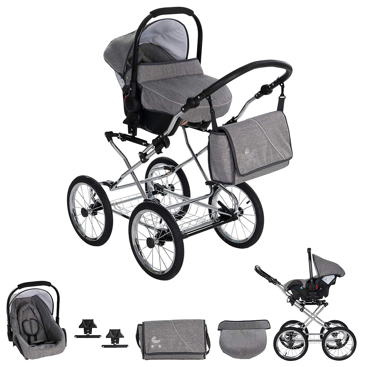München | 3 in 1 Kombi Kinderwagen Komplettset | Nostalgie Kinderwagen Kombikinderwagen