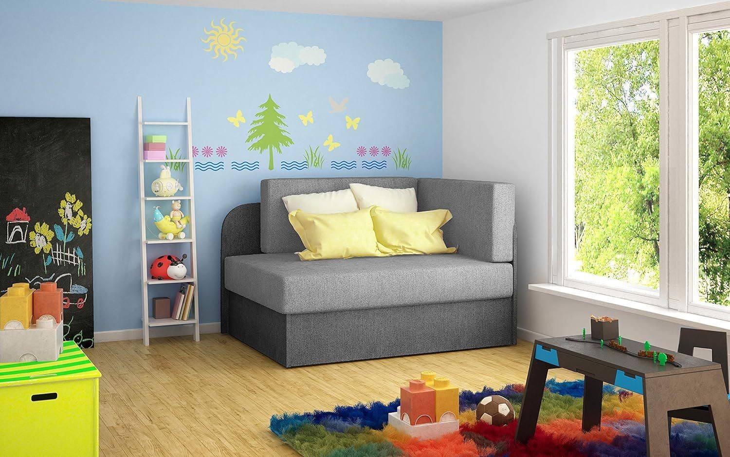 MOEBLO Schlafsofa RAISA, Schlafsessel, Couch für Kinderzimmer, Schlafsofa Schaumstoff Sofagarnitur Polstersofa, mit Schlaffunktion und Bettkasten