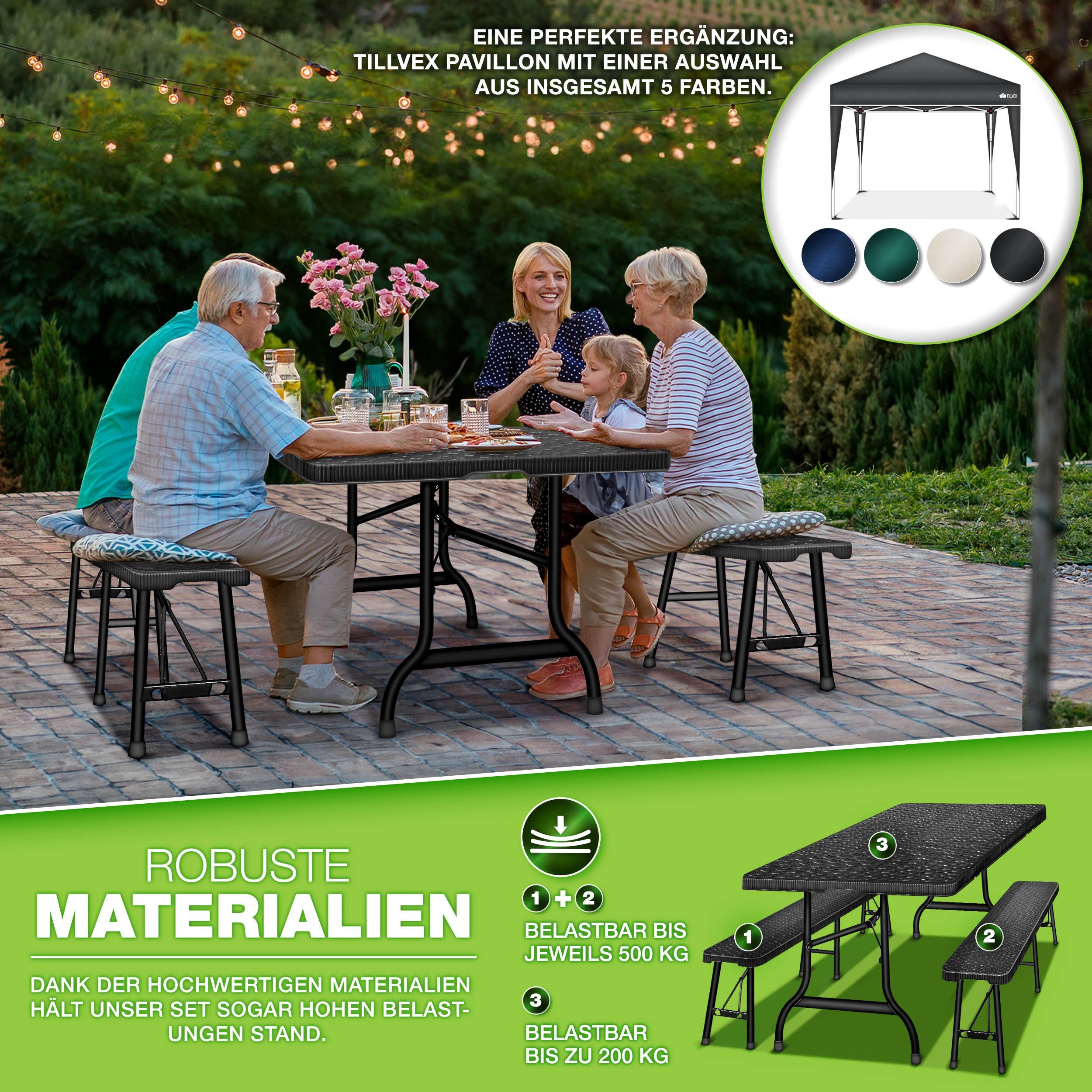 tillvex Bierzeltgarnitur klappbar 3-teilig Set Rattan Gartengarnitur wetterfest 180 cm, (Gartenmöbel Set Indoor & Outdoor mit Gartentisch und Bänken, Festzeltgarnitur)