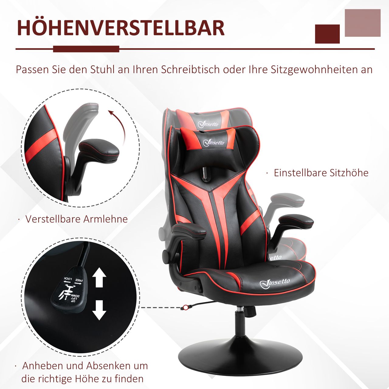 Vinsetto Gaming Stuhl ergonomischer Computerstuhl mit Wippfunktion Rot