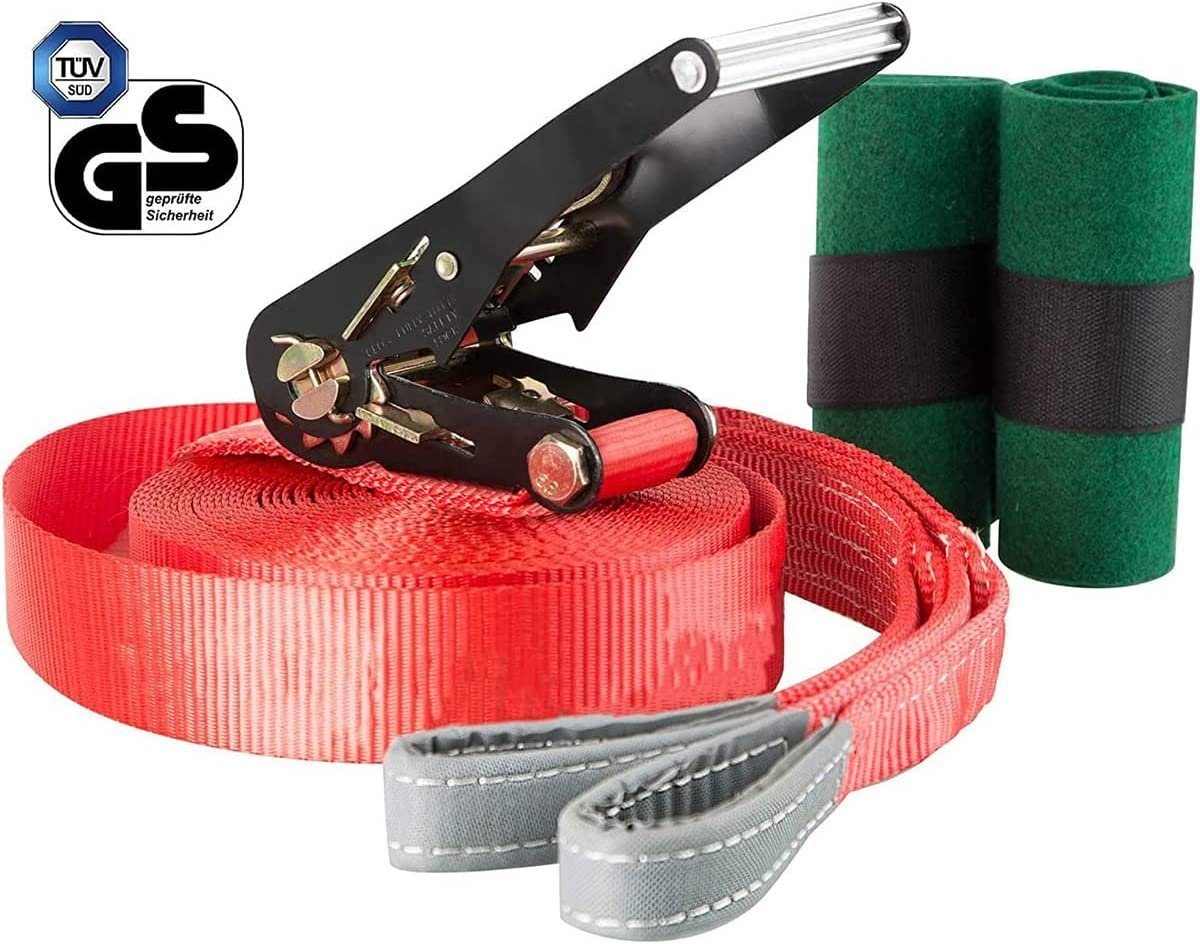Fjoerdesports Slackline Set mit Baumschutz und Ratschenschutz, 15 m Länge, Tragetasche, Kinder, Anfänger und Fortgeschrittene, Fitness Slackline