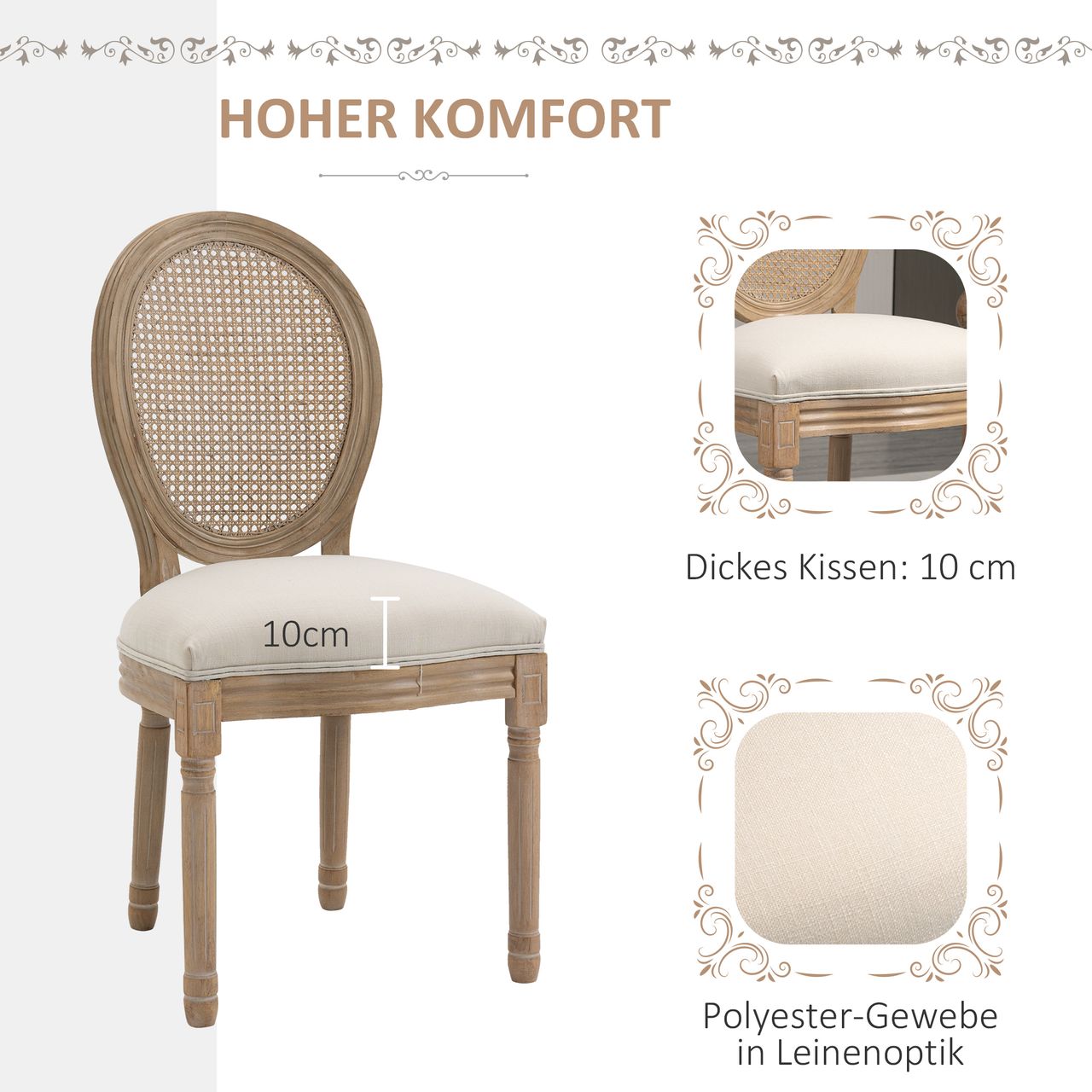 HOMCOM 2er Set Esszimmerstühle Küchenstuhl mit Rattan-Rückenlehne Linen-Touch