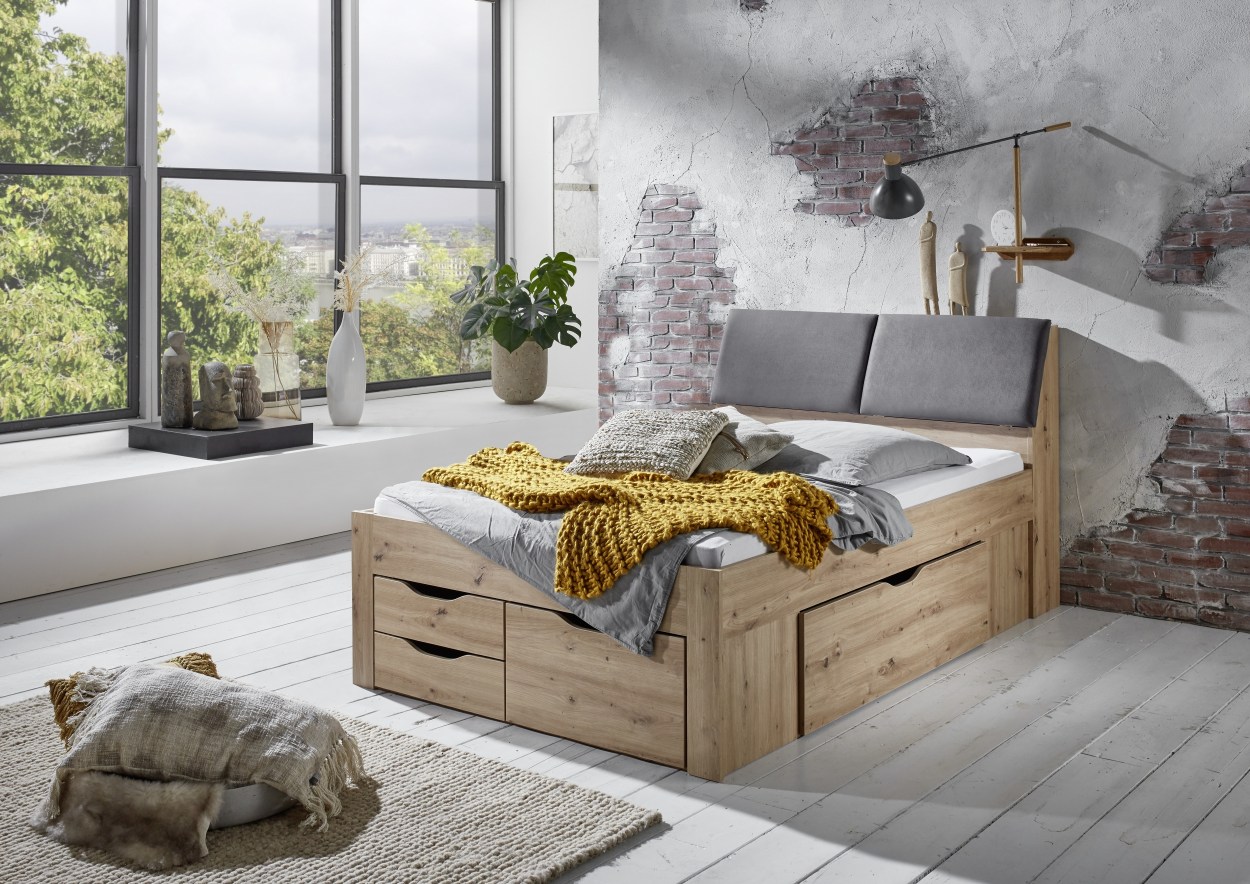 Relita Funktionsbett Maxi 140 x 200 cm, mit Rolllattenrost mit 5 Bettschubladen und Stauraum-Polster-Kopfteil Eiche Artisan Dekor