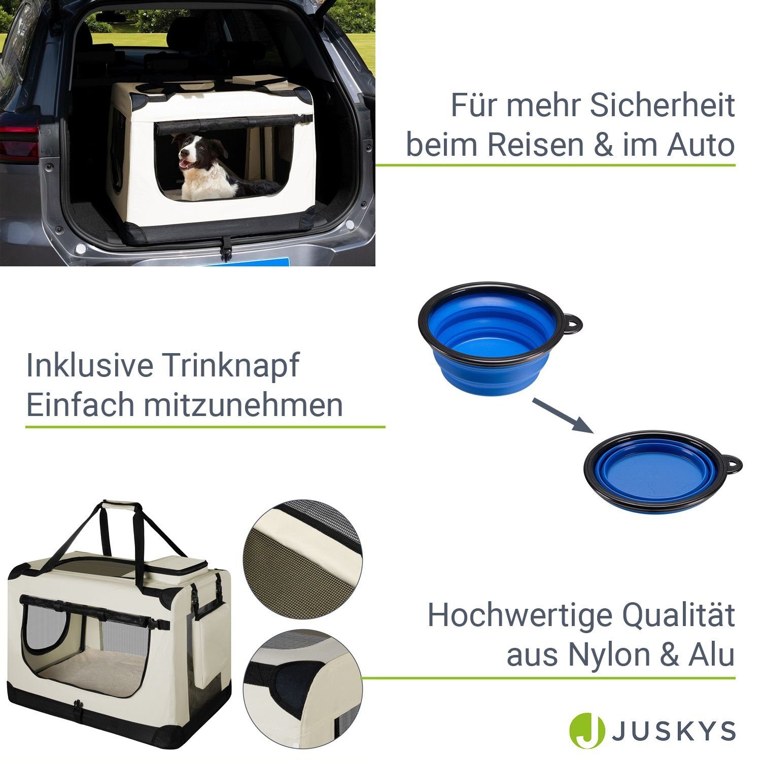 Juskys Tiertransporttasche Lassie, mit Decke, Tasche, Griffen und Fressnapf