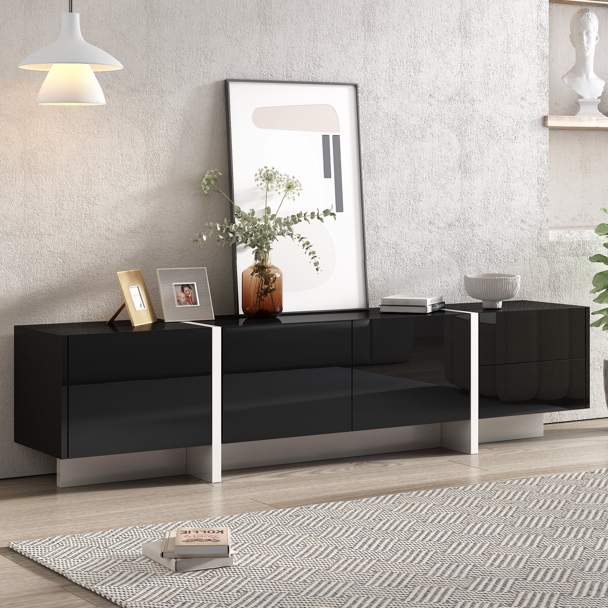 REDOM Lowboard TV-Schrank (mit farbblockierten Beinen in Hochglanz-Schwarz und Weiß), Breite:190cm