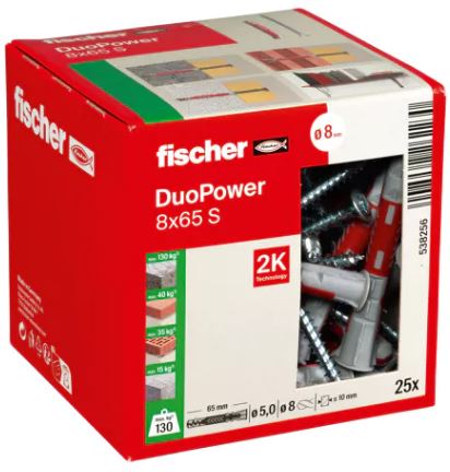 Fischer 538256 DuoPower plug 8x65 met schroef 25 stuks