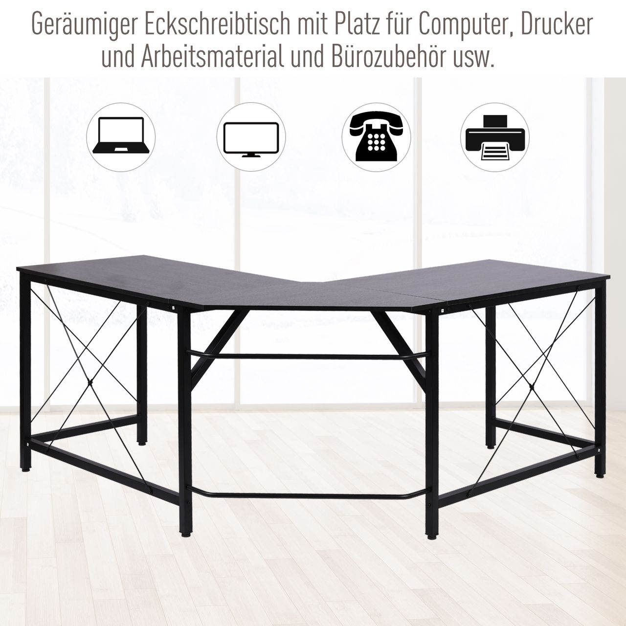 HOMCOM Computertisch L-Form Eckschreibtisch Winkelschreibtisch MDF Schwarz 150 x 150 x 76 cm