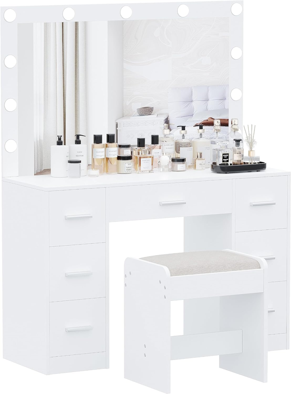 Vanity Desk with Stool, Makeup Table with Lighted Mirror, 3 Color Lighting Modes, Brightness Adjustable, Dressing Table