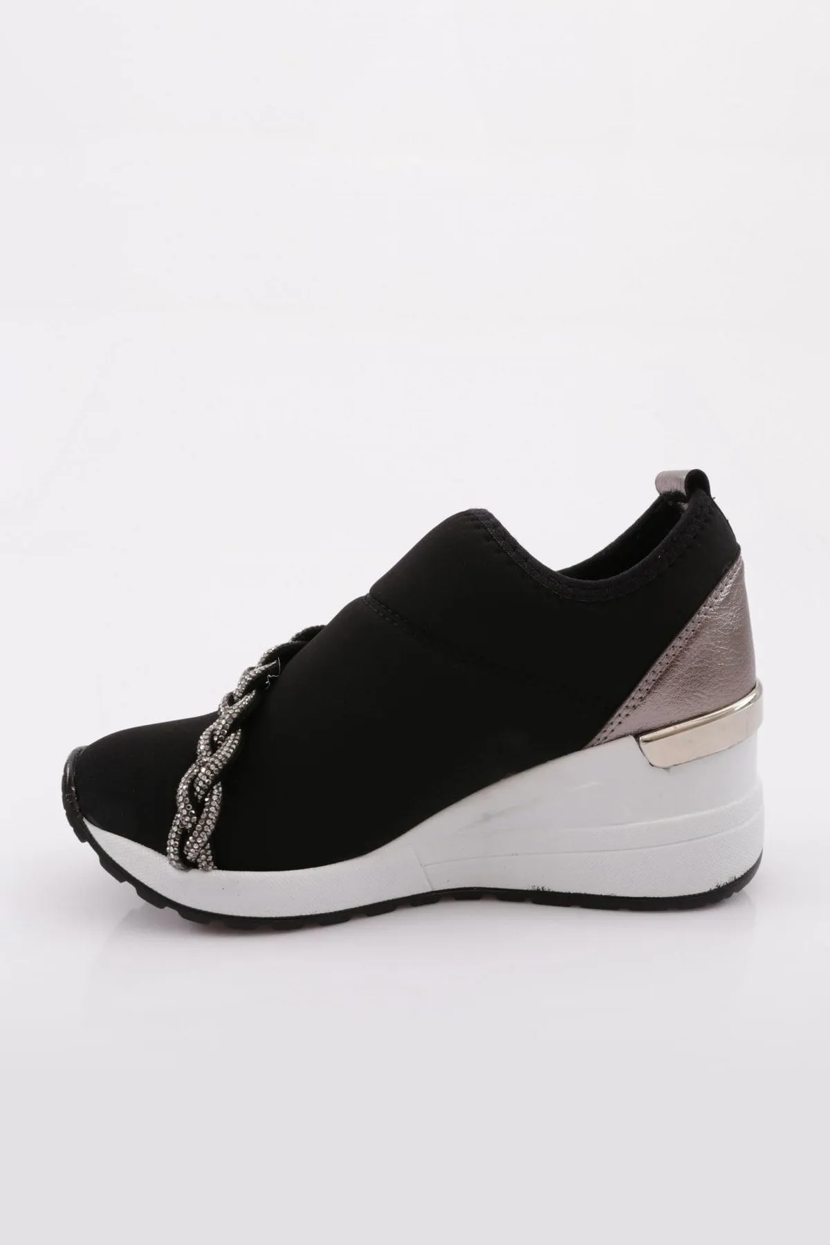 DGN  Schwarze Platin-Sneakers für Damen Modell 0112 – Dicke Sohle mit silbernen Steinen und floralem Detail