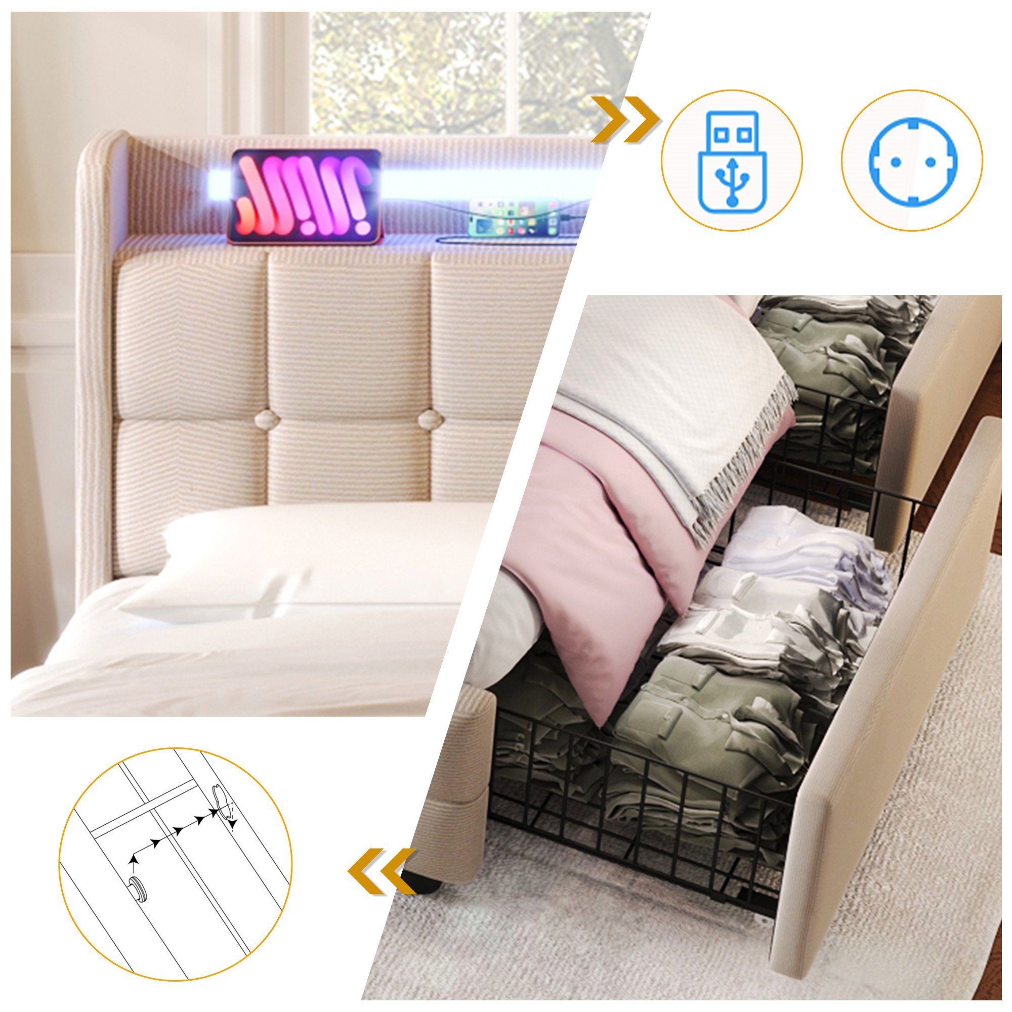 REDOM Polsterbett (mit aufladen USB Ladefunktion LED-Beleuchtung und 2 Schubladen, 90 x 200 cm ohne-Matratze)