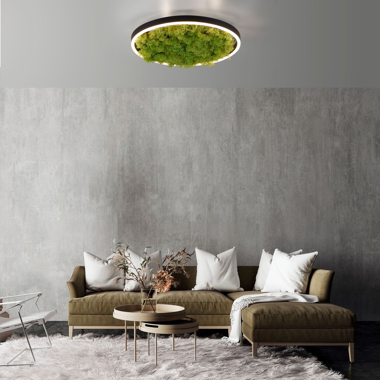 JUST LIGHT LED Deckenleuchte GREEN RITUS, 3-Stufen-Dimmer, echtes Moos, Ø39,3cm
