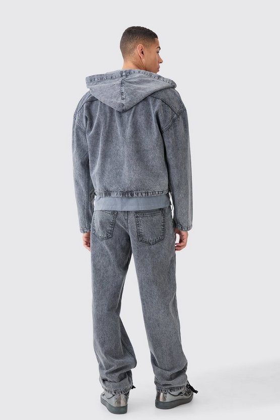 Kastiger Denim-Hoodie mit Acid-Waschung
