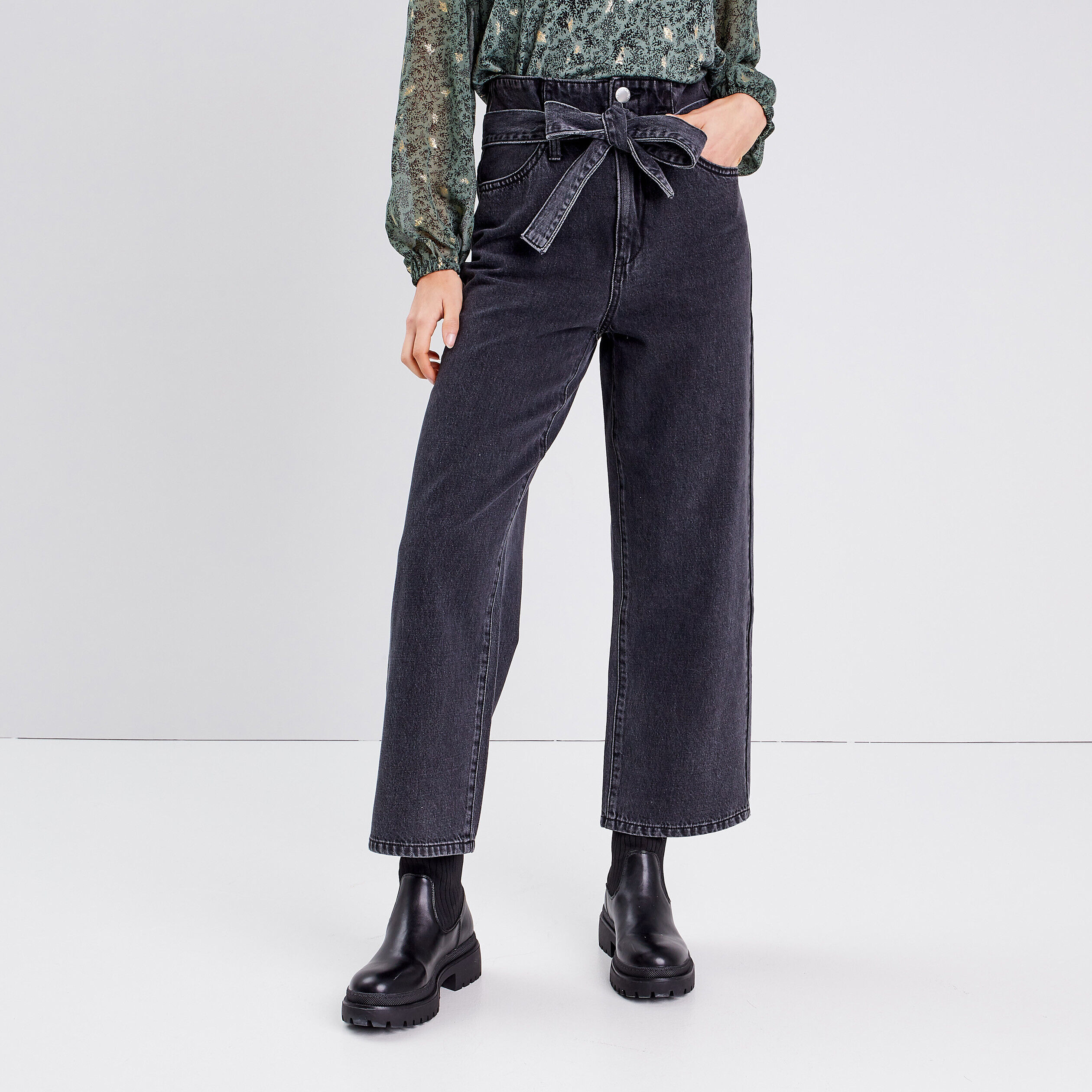 Jeans paperbag wide leg denim noir femme | Cache Cache