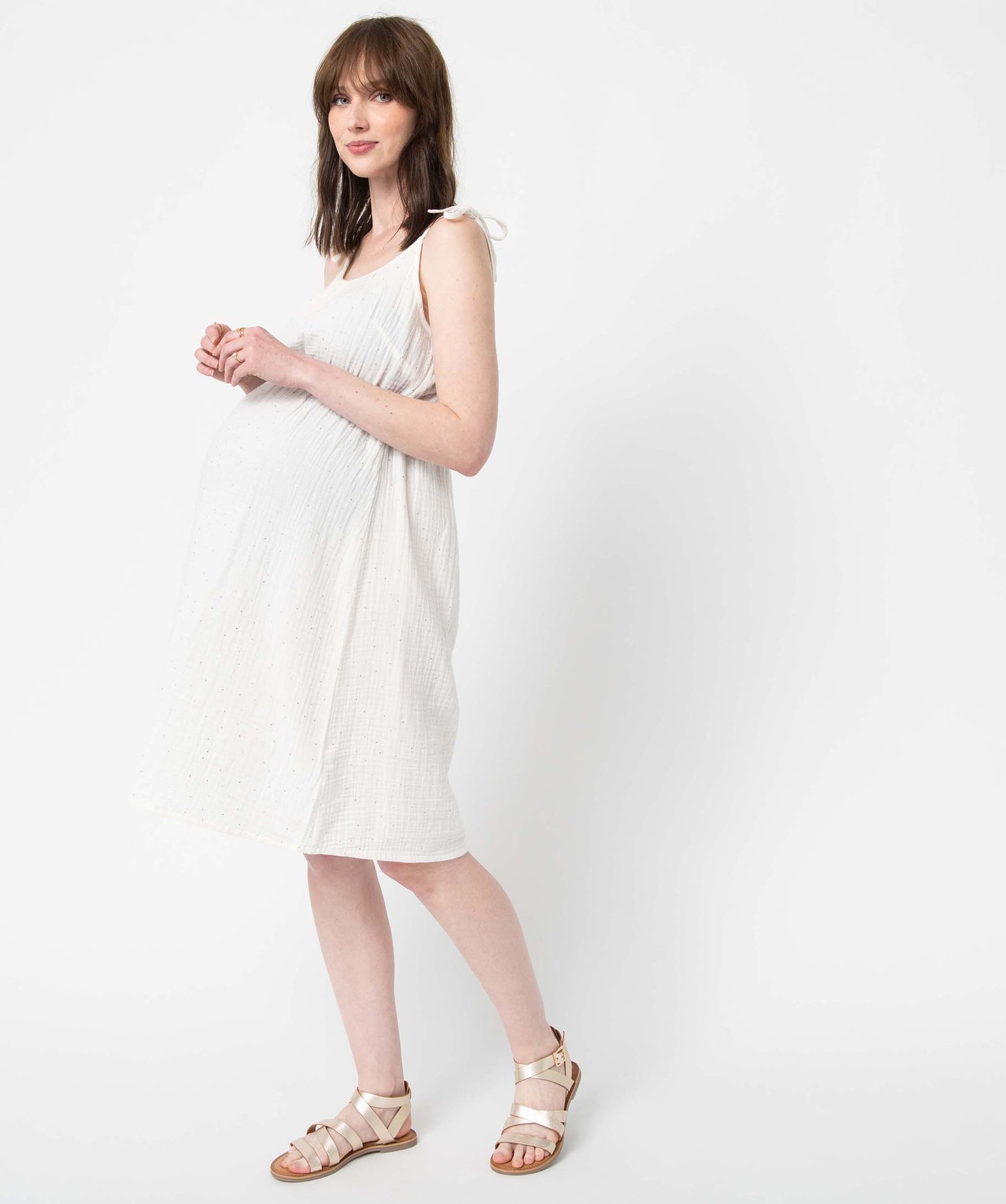 Robe de grossesse à fines bretelles en gaze de coton ecru | GEMO