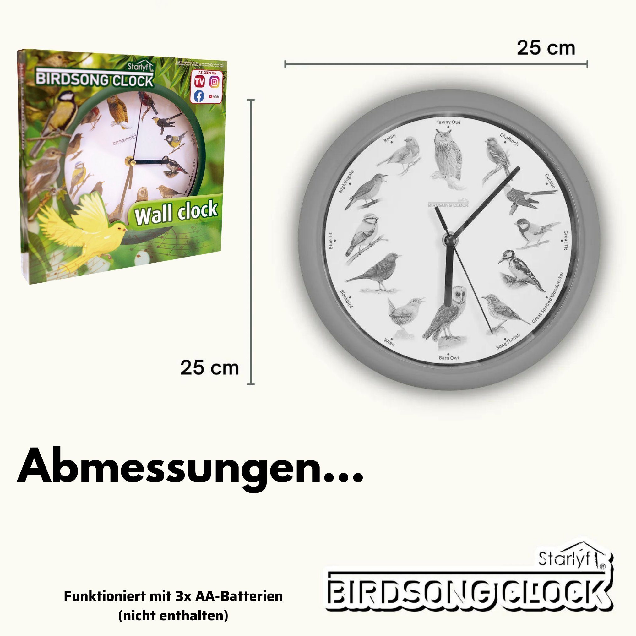 Starlyf Wanduhr Birdsong Clock (Uhr mit natürlichen Vogelstimmen, 25x25cm, batteriebetrieben, grün)