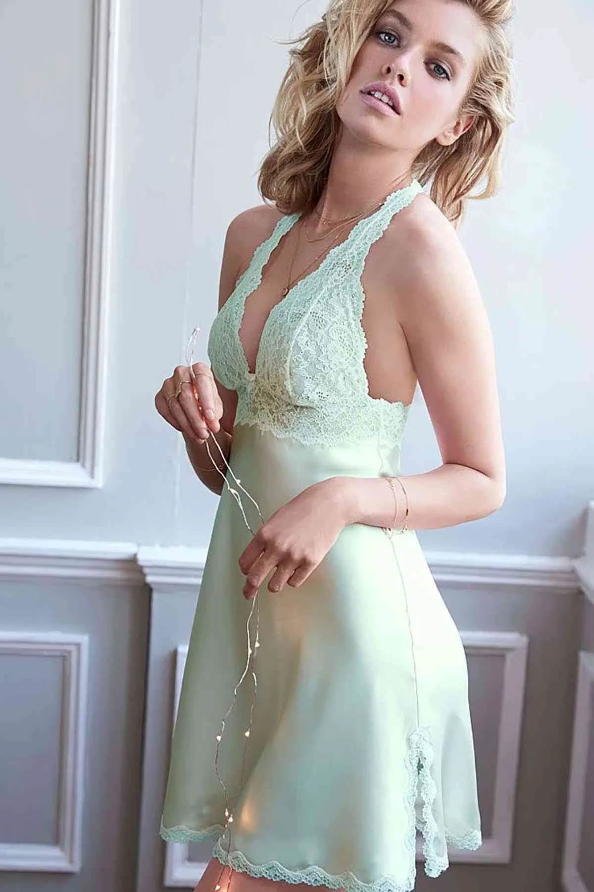 Merry See  Mintgrüner Satin-Nachthemd-Morgenmantel für Damen 259779